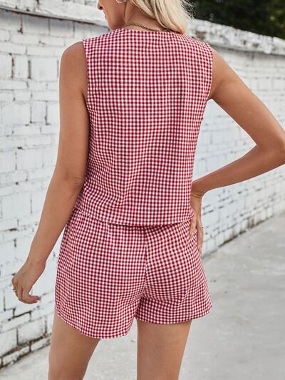 Lovelet Tied Plaid V - Neck Vest and Shorts Set - dellidu.com - 100100433660105 - Deep Red - 011f8237 - 612d - 4fa6 - be31 - 71a28462bc15 - Min - S - 011f8237 - 612d - 4fa6 - be31 - 71a28462bc15 - Min - 100100433660105 - Trendsi