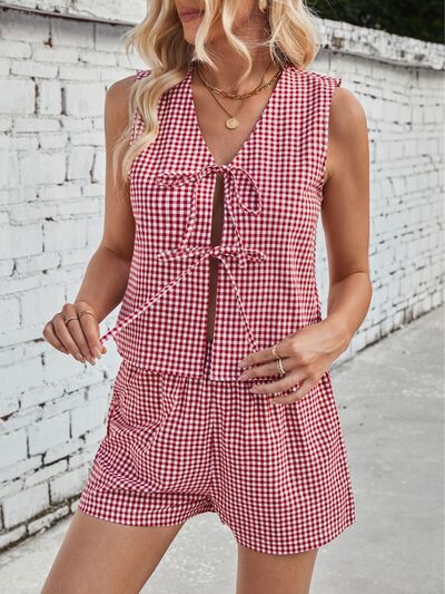 Lovelet Tied Plaid V - Neck Vest and Shorts Set - dellidu.com - 100100433660105 - Deep Red - 9ff3b152 - 915c - 4f3f - 90db - 08413651e884 - Min - S - 9ff3b152 - 915c - 4f3f - 90db - 08413651e884 - Min - 100100433660105 - Trendsi