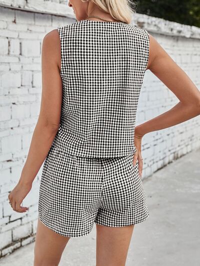 Lovelet Tied Plaid V - Neck Vest and Shorts Set - dellidu.com - 100100433660058 - Black - 1ed9ebe2 - fe90 - 4662 - 8087 - 43b9f5751027 - Min - S - 1ed9ebe2 - fe90 - 4662 - 8087 - 43b9f5751027 - Min - 100100433660058 - Trendsi