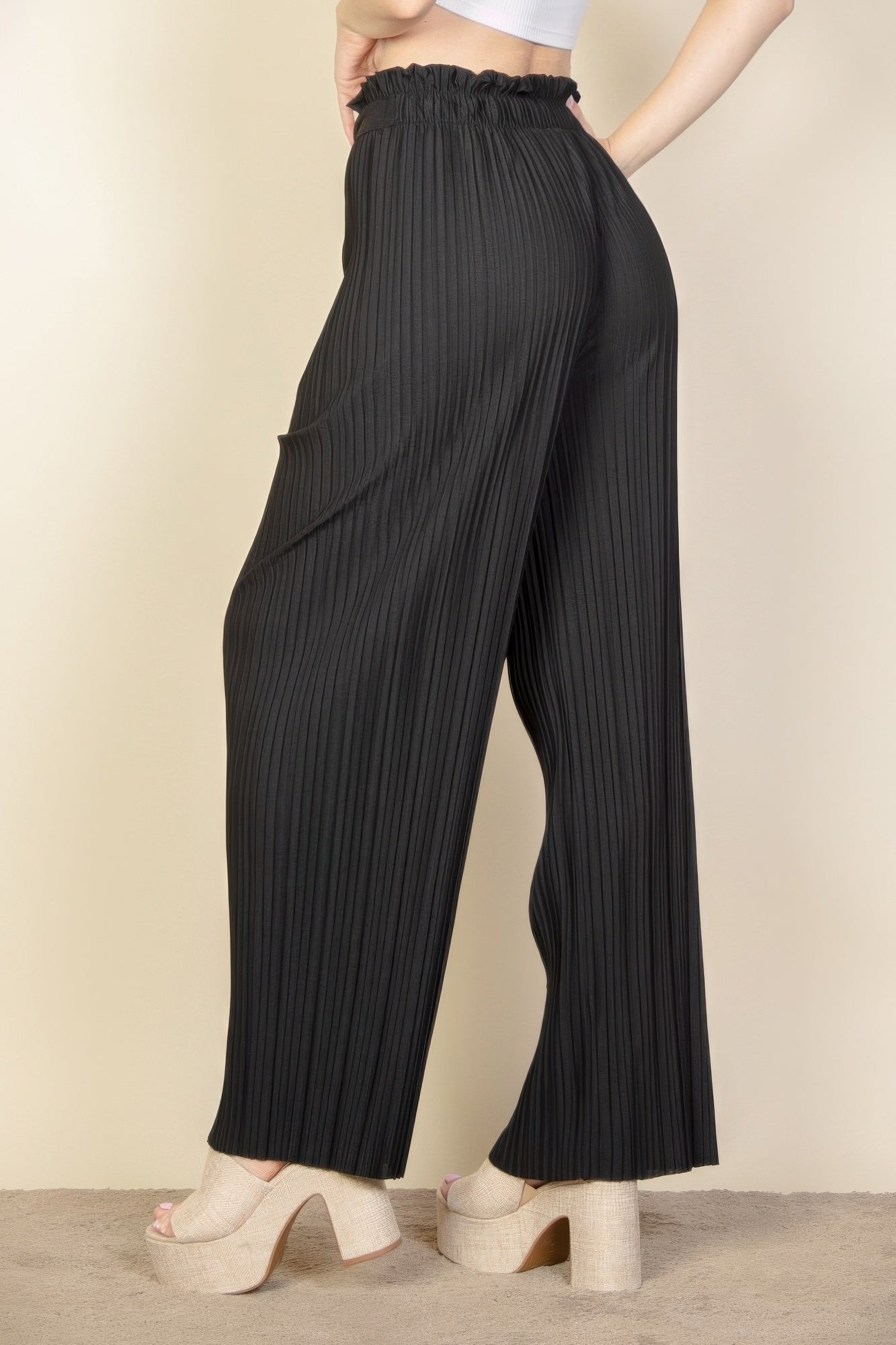 Pleated Stretch Crepe Wide Leg Tie Front Pants - dellidu.com - Black - product image - S - product image - wh2000637.S.Black - dellidu.com