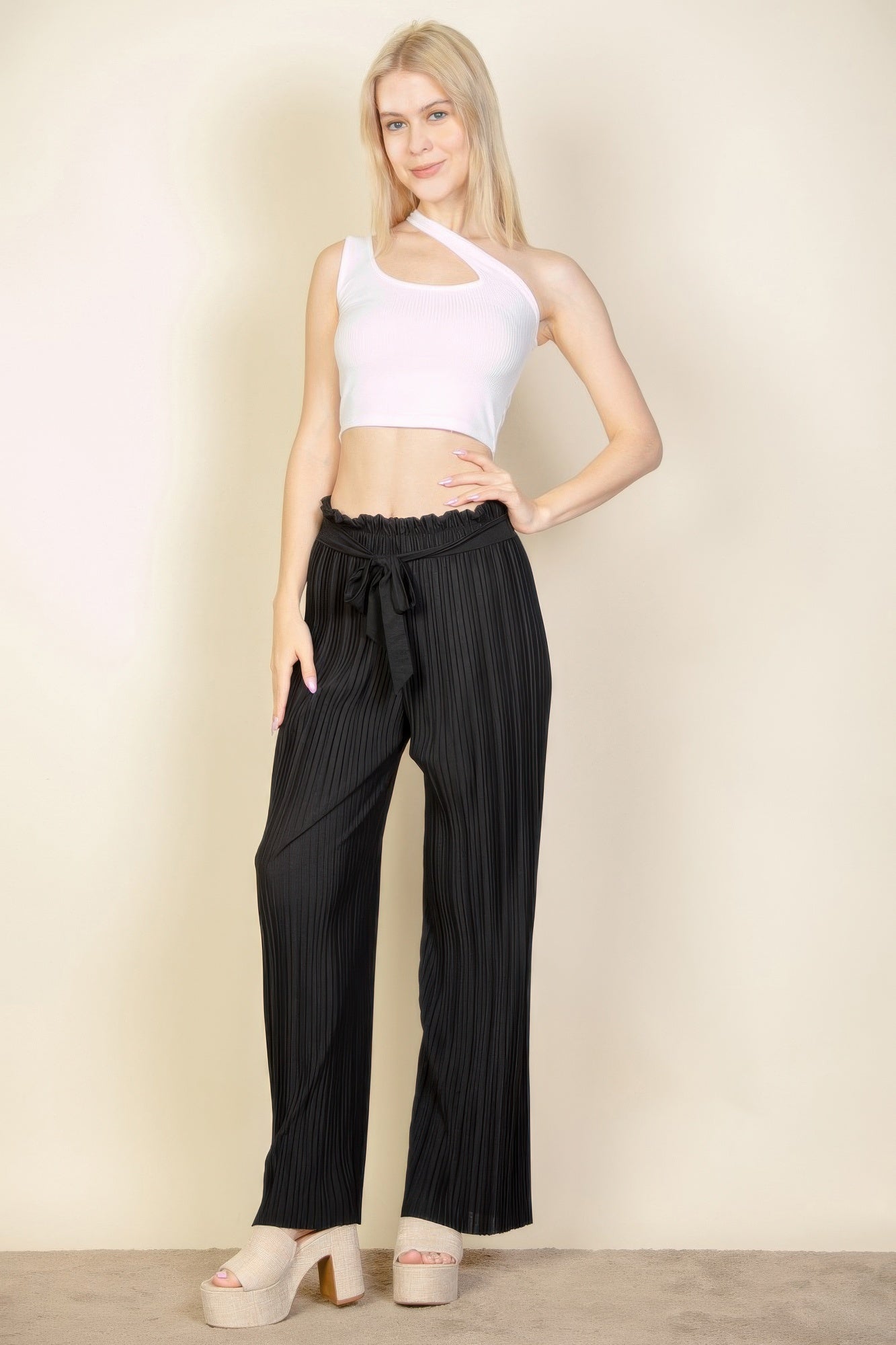 Pleated Stretch Crepe Wide Leg Tie Front Pants - dellidu.com - Black - product image - S - product image - wh2000637.S.Black - dellidu.com