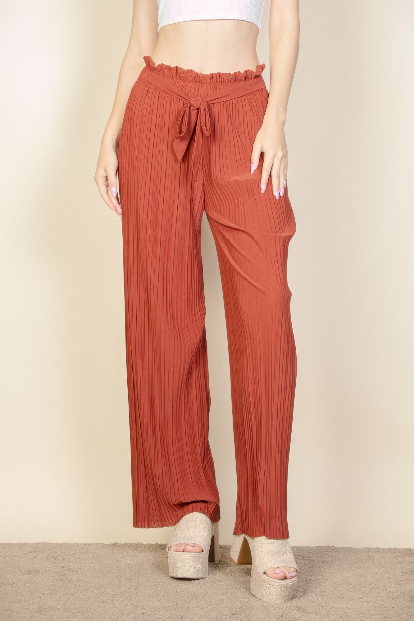 Pleated Stretch Crepe Wide Leg Tie Front Pants - dellidu.com - Rust - product image - S - product image - wh2000637.S.Rust - dellidu.com