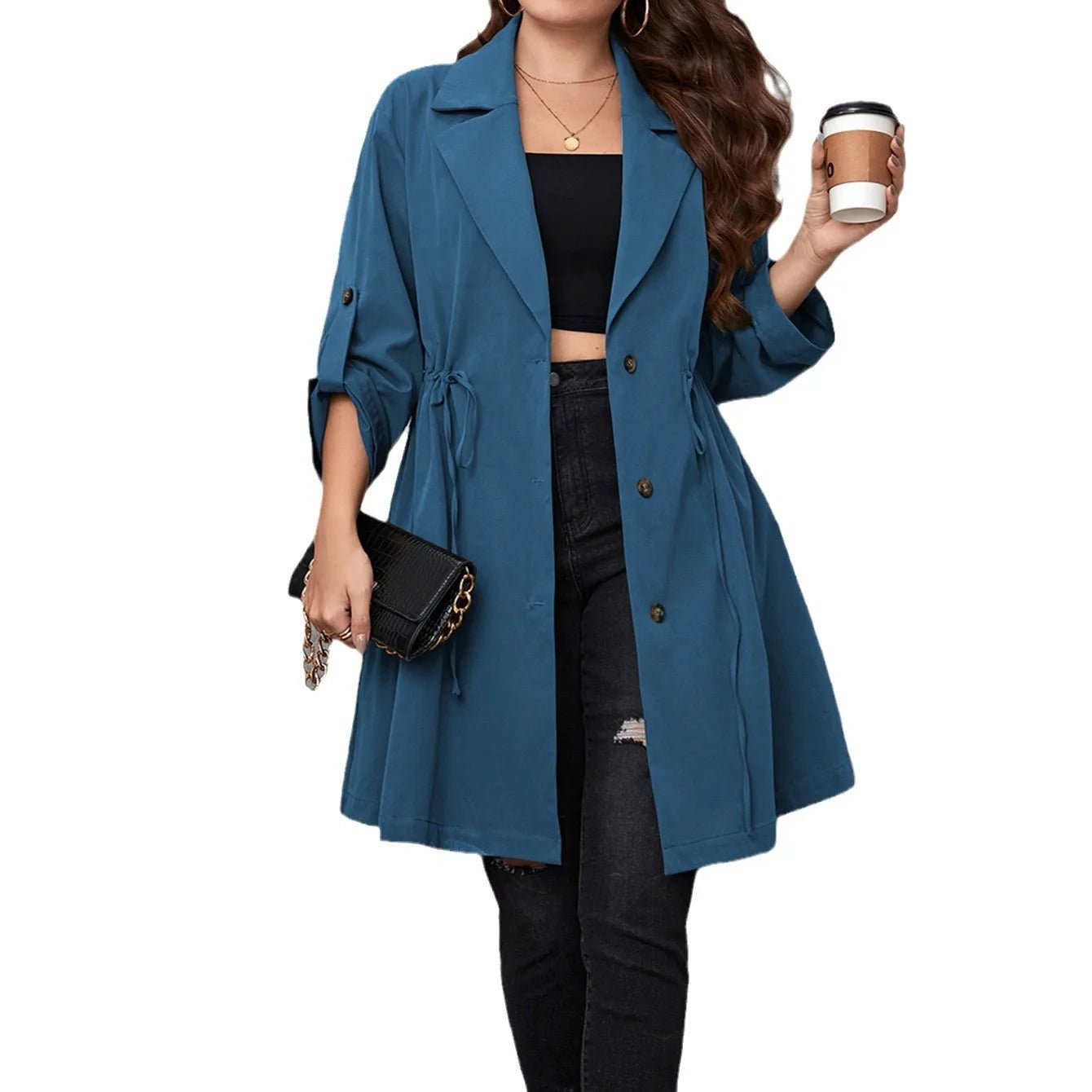 Plus Size Women's Winter Mid Length Coat with Turn Down Collar - dellidu.com - Blue - Plus Size Women's Winter Mid Length Coat with Turn Down Collar - 3XL - Plus Size Women's Winter Mid Length Coat with Turn Down Collar - 14:173;5:115781 - dellidu.com