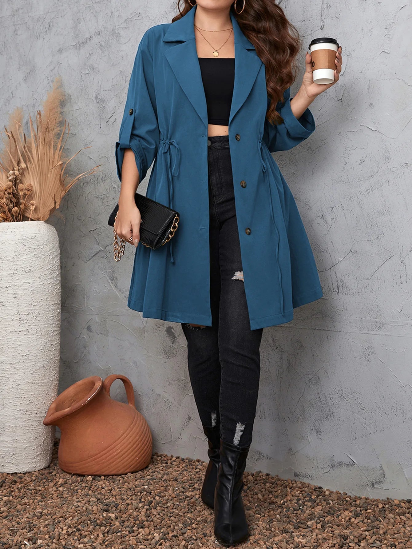 Plus Size Women's Winter Mid Length Coat with Turn Down Collar - dellidu.com - Blue - Plus Size Women's Winter Mid Length Coat with Turn Down Collar - 3XL - Plus Size Women's Winter Mid Length Coat with Turn Down Collar - 14:173;5:115781 - dellidu.com