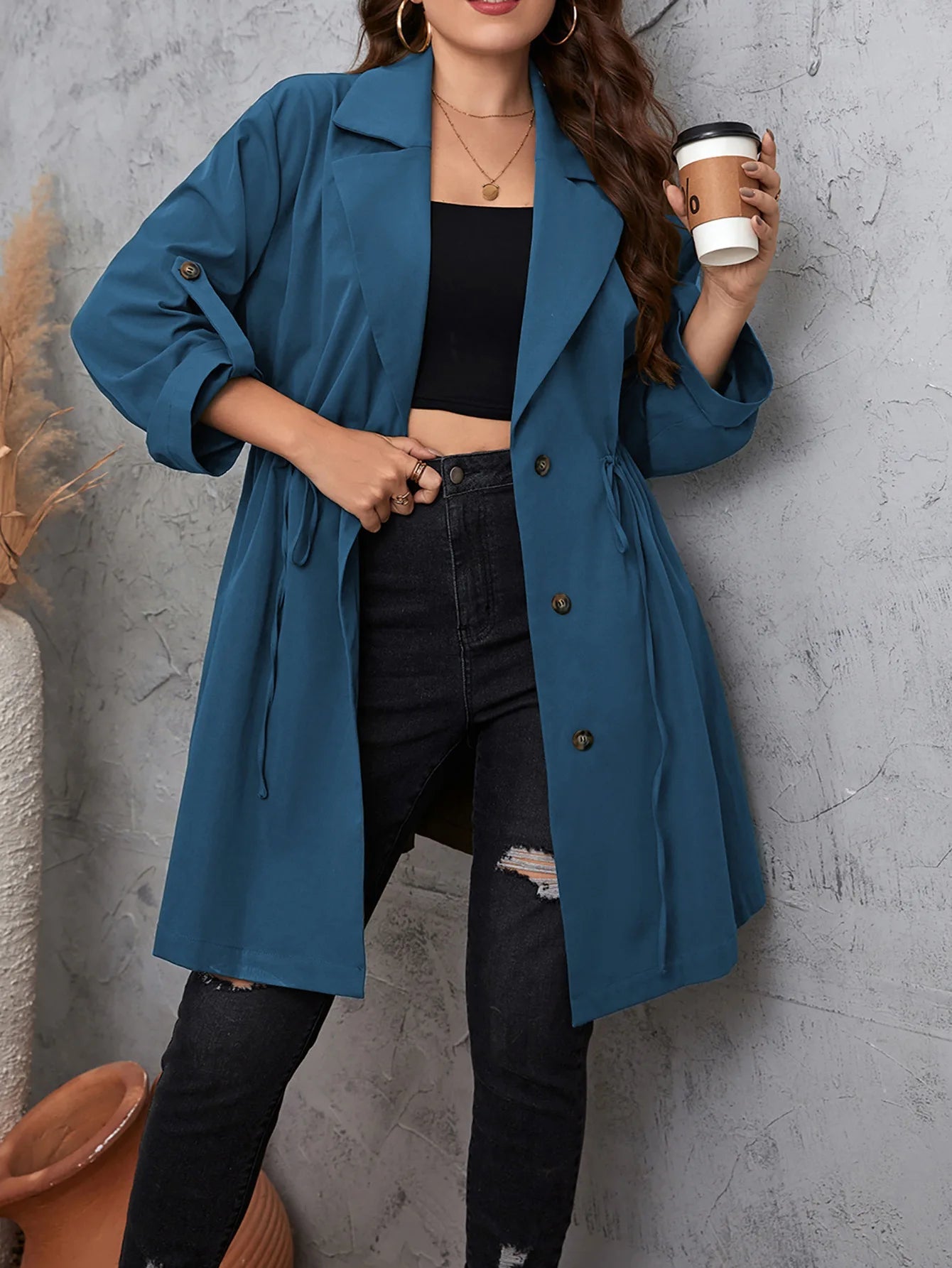 Plus Size Women's Winter Mid Length Coat with Turn Down Collar - dellidu.com - Blue - Plus Size Women's Winter Mid Length Coat with Turn Down Collar - 3XL - Plus Size Women's Winter Mid Length Coat with Turn Down Collar - 14:173;5:115781 - dellidu.com