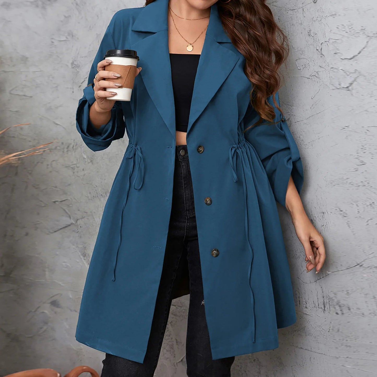 Plus Size Women's Winter Mid Length Coat with Turn Down Collar - dellidu.com - Blue - Plus Size Women's Winter Mid Length Coat with Turn Down Collar - 3XL - Plus Size Women's Winter Mid Length Coat with Turn Down Collar - 14:173;5:115781 - dellidu.com