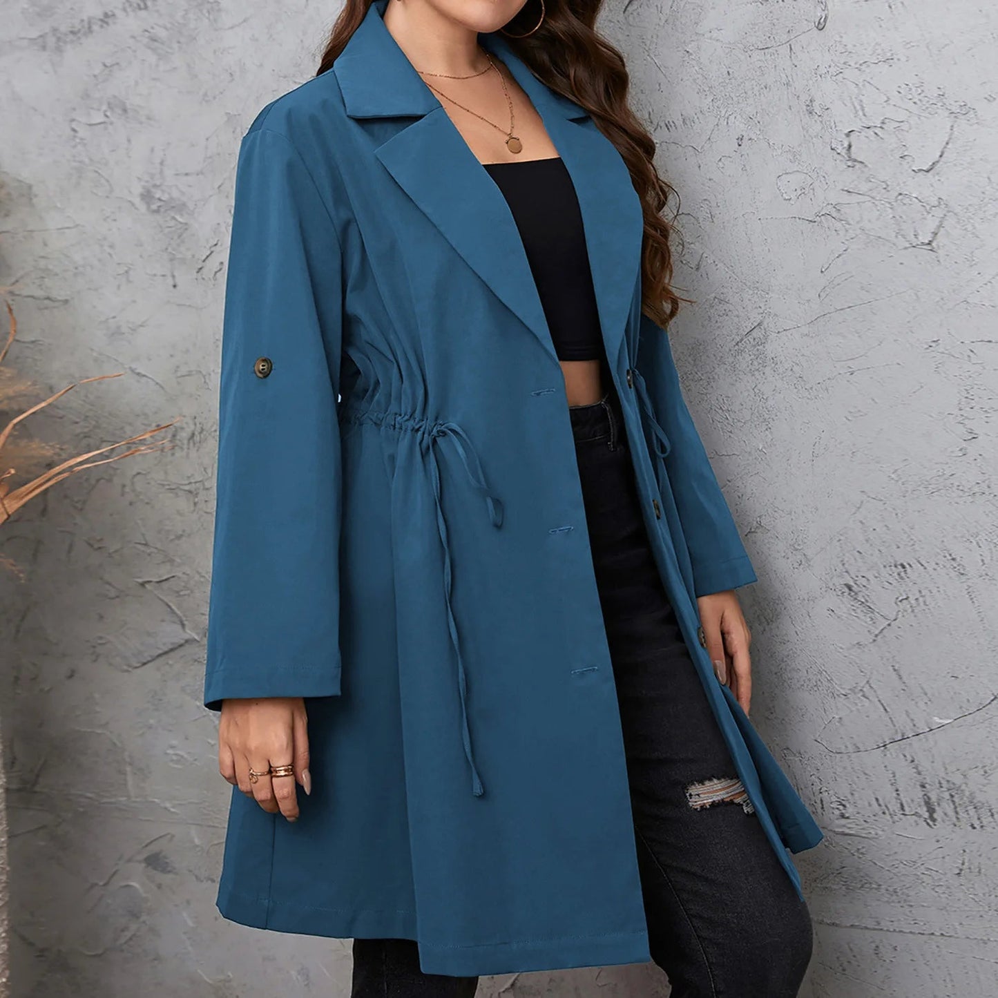 Plus Size Women's Winter Mid Length Coat with Turn Down Collar - dellidu.com - Blue - Plus Size Women's Winter Mid Length Coat with Turn Down Collar - 3XL - Plus Size Women's Winter Mid Length Coat with Turn Down Collar - 14:173;5:115781 - dellidu.com