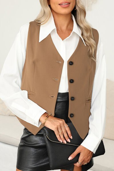 Pocketed Button - Up Vest - dellidu.com - 100100562426324 - Camel - c2e79e79 - c1f8 - 4605 - 85a9 - 9e9028a405bd - Min - S - c2e79e79 - c1f8 - 4605 - 85a9 - 9e9028a405bd - Min - 100100562426324 - Trendsi