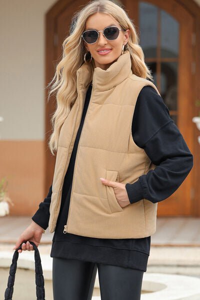 Pocketed Zip Up Turtleneck Vest Coat - dellidu.com - 100100710401152 - Tan - 3c1796a0 - 4a07 - 49ba - 9a9b - 86f985cd1a4a - Min - S - 3c1796a0 - 4a07 - 49ba - 9a9b - 86f985cd1a4a - Min - 100100710401152 - Trendsi