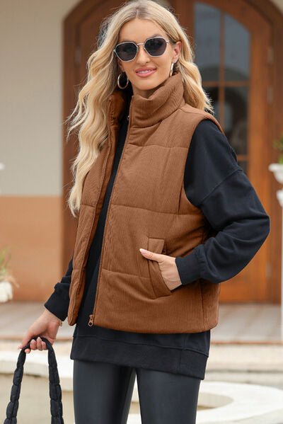 Pocketed Zip Up Turtleneck Vest Coat - dellidu.com - 100100710401974 - Brown - 59f2f144 - af0b - 47b8 - b228 - f560c8ec2545 - Min - S - 59f2f144 - af0b - 47b8 - b228 - f560c8ec2545 - Min - 100100710401974 - Trendsi