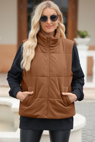 Pocketed Zip Up Turtleneck Vest Coat - dellidu.com - 100100710401974 - Brown - 2f758a30 - 622c - 4e29 - 911e - 2a13774d2bcf - Min - S - 2f758a30 - 622c - 4e29 - 911e - 2a13774d2bcf - Min - 100100710401974 - Trendsi