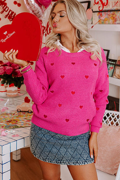 Rose Red Heart Pattern Drop Shoulder Sweater - dellidu.com - Sweaters - 404984096496 - Rose Red - Rose Red Heart Pattern Drop Shoulder Sweater - S - Rose Red Heart Pattern Drop Shoulder Sweater - SW2725814 - P622 - S - Shewin