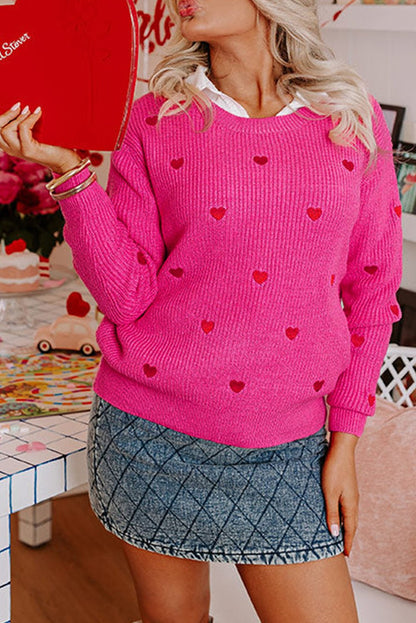 Rose Red Heart Pattern Drop Shoulder Sweater - dellidu.com - Sweaters - 404984096496 - Rose Red - Rose Red Heart Pattern Drop Shoulder Sweater - S - Rose Red Heart Pattern Drop Shoulder Sweater - SW2725814 - P622 - S - Shewin