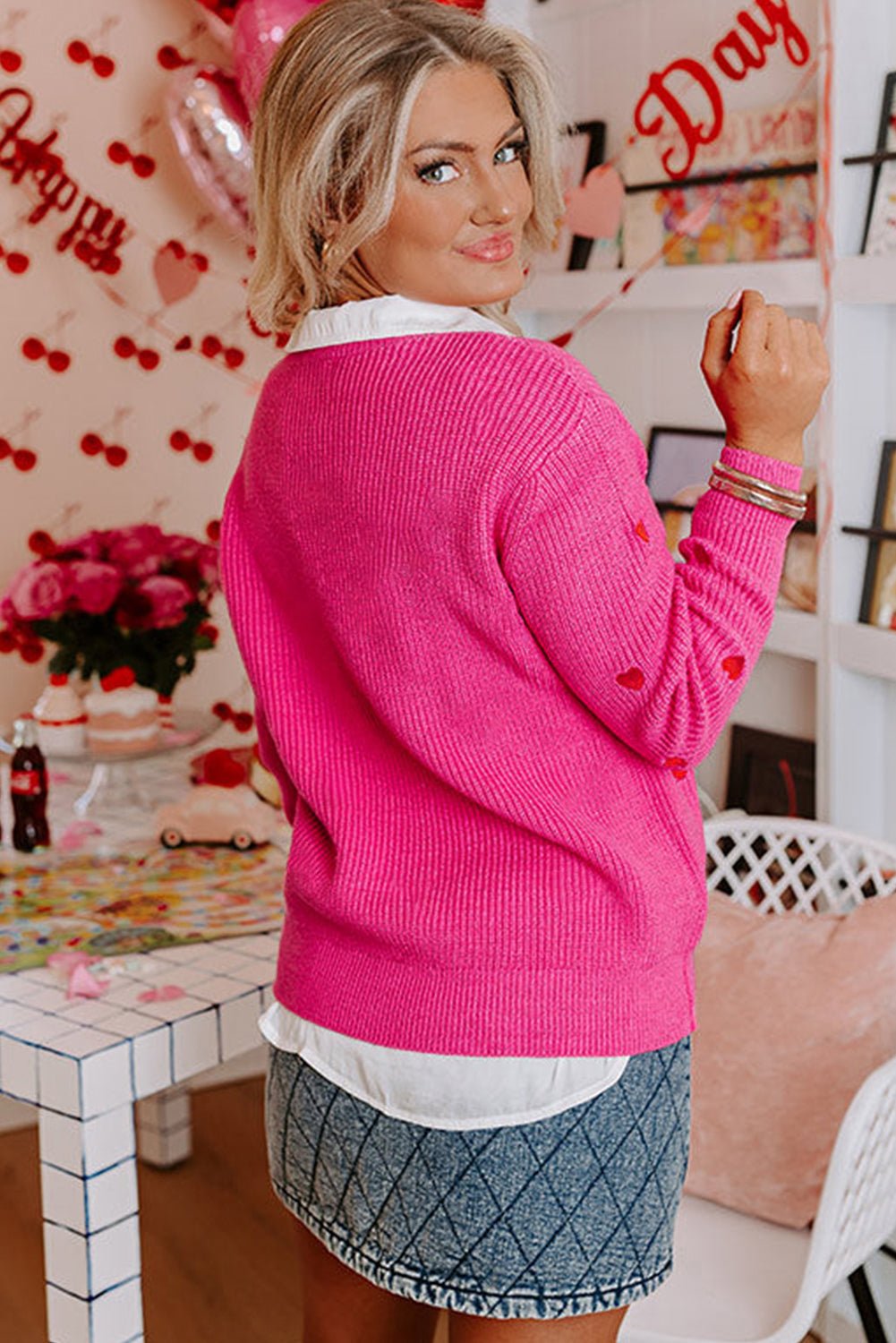 Rose Red Heart Pattern Drop Shoulder Sweater - dellidu.com - Sweaters - 404984096496 - Rose Red - Rose Red Heart Pattern Drop Shoulder Sweater - S - Rose Red Heart Pattern Drop Shoulder Sweater - SW2725814 - P622 - S - Shewin