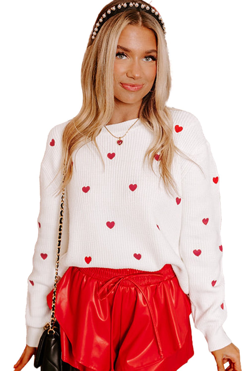 Rose Red Heart Pattern Drop Shoulder Sweater - dellidu.com - Sweaters - 602194038723 - White - Rose Red Heart Pattern Drop Shoulder Sweater - S - Rose Red Heart Pattern Drop Shoulder Sweater - SW2725814 - P122 - S - Shewin