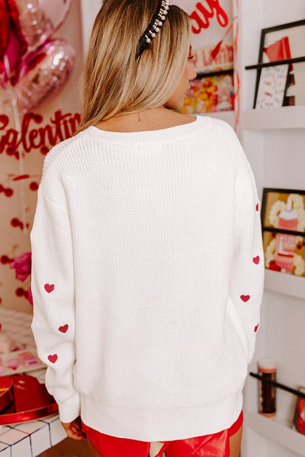 Rose Red Heart Pattern Drop Shoulder Sweater - dellidu.com - Sweaters - 602194038723 - White - Rose Red Heart Pattern Drop Shoulder Sweater - S - Rose Red Heart Pattern Drop Shoulder Sweater - SW2725814 - P122 - S - Shewin