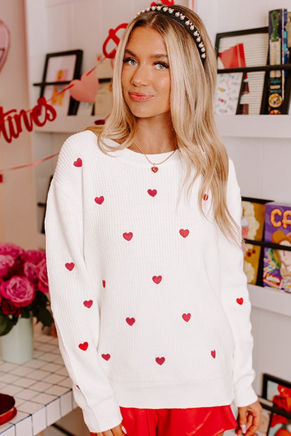 Rose Red Heart Pattern Drop Shoulder Sweater - dellidu.com - Sweaters - 602194038723 - White - Rose Red Heart Pattern Drop Shoulder Sweater - S - Rose Red Heart Pattern Drop Shoulder Sweater - SW2725814 - P122 - S - Shewin