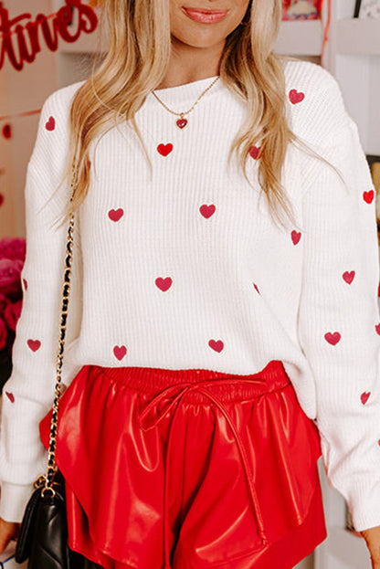 Rose Red Heart Pattern Drop Shoulder Sweater - dellidu.com - Sweaters - 602194038723 - White - Rose Red Heart Pattern Drop Shoulder Sweater - S - Rose Red Heart Pattern Drop Shoulder Sweater - SW2725814 - P122 - S - Shewin