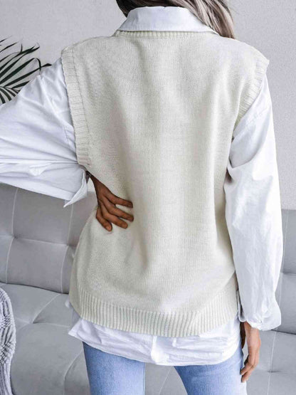 Round Neck Openwork Capped Sleeve Sweater Vest - dellidu.com - 100100325158630 - White - e9db87935812438990c333e0dd3532fc - Min - L - e9db87935812438990c333e0dd3532fc - Min - 100100325158630 - Trendsi