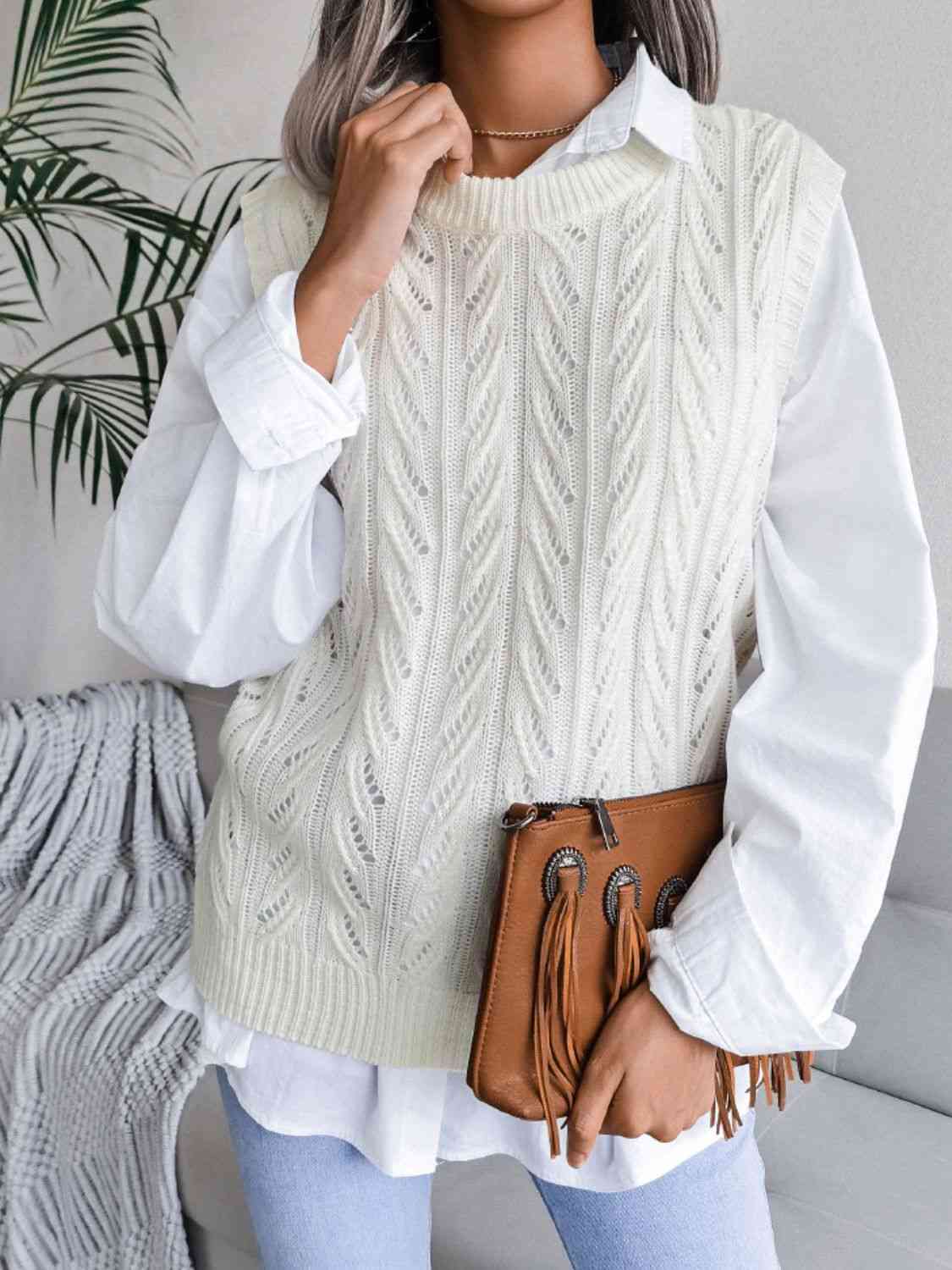 Round Neck Openwork Capped Sleeve Sweater Vest - dellidu.com - 100100325158630 - White - d2ba554181454828b80577fa196627a2 - Min - L - d2ba554181454828b80577fa196627a2 - Min - 100100325158630 - Trendsi