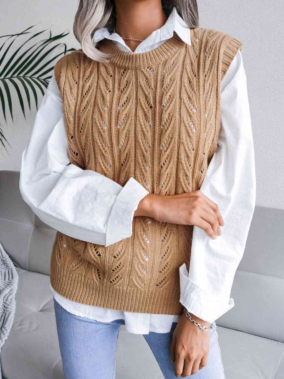 Round Neck Openwork Capped Sleeve Sweater Vest - dellidu.com - 100100325151753 - Khaki - 57f20226c68a40a29d94b8b1a0767642 - Min - M - 57f20226c68a40a29d94b8b1a0767642 - Min - 100100325151753 - Trendsi