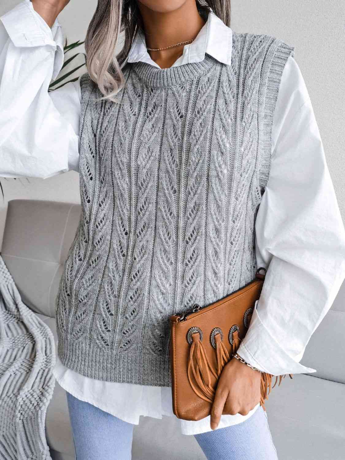 Round Neck Openwork Capped Sleeve Sweater Vest - dellidu.com - 100100325151418 - Gray - 8a1f921f78c44d1f950c4de476f0667d - Min - M - 8a1f921f78c44d1f950c4de476f0667d - Min - 100100325151418 - Trendsi