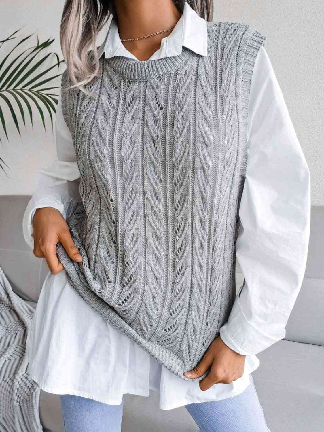 Round Neck Openwork Capped Sleeve Sweater Vest - dellidu.com - 100100325151418 - Gray - b37916e5d92d4389bed488996f25e434 - Min - M - b37916e5d92d4389bed488996f25e434 - Min - 100100325151418 - Trendsi