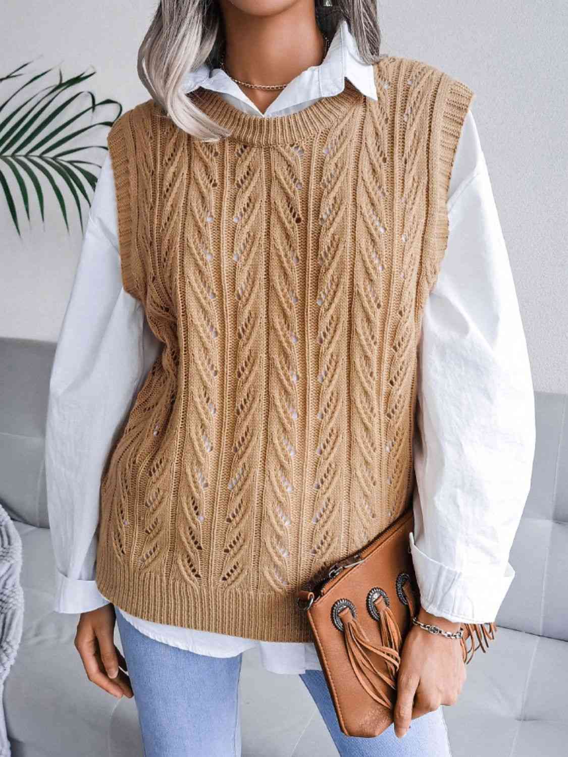 Round Neck Openwork Capped Sleeve Sweater Vest - dellidu.com - 100100325151753 - Khaki - 2f6426f127954aedadf6d6875a4d500f - Min - M - 2f6426f127954aedadf6d6875a4d500f - Min - 100100325151753 - Trendsi