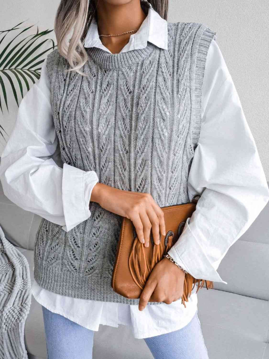 Round Neck Openwork Capped Sleeve Sweater Vest - dellidu.com - 100100325151418 - Gray - 8f11774abf3641189dd91721ae384bed - Min - M - 8f11774abf3641189dd91721ae384bed - Min - 100100325151418 - Trendsi