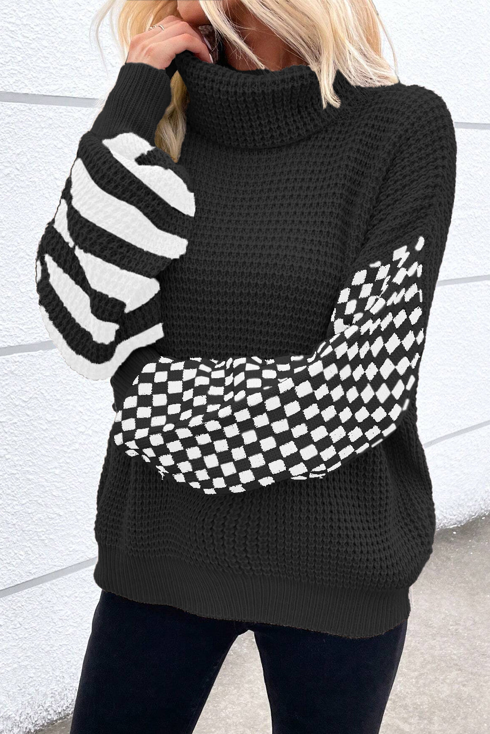 Smoke Gray Striped Plaid Patchwork Waffle Knit Turtleneck Sweater - dellidu.com - Sweaters - 101562032142 - Black - Smoke Gray Striped Plaid Patchwork Waffle Knit Turtleneck Sweater - S - Smoke Gray Striped Plaid Patchwork Waffle Knit Turtleneck Sweater - SW2725427 - P2 - S - Shewin