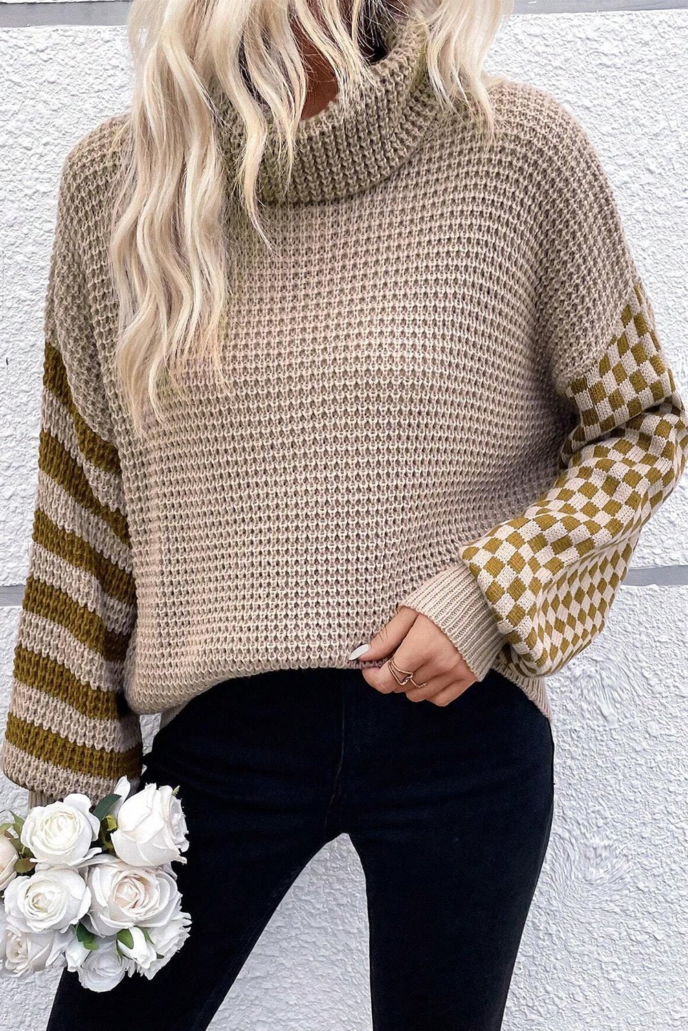 Smoke Gray Striped Plaid Patchwork Waffle Knit Turtleneck Sweater - dellidu.com - Sweaters - 707487076408 - Smoke Gray - Smoke Gray Striped Plaid Patchwork Waffle Knit Turtleneck Sweater - S - Smoke Gray Striped Plaid Patchwork Waffle Knit Turtleneck Sweater - SW2725427 - P7016 - S - Shewin