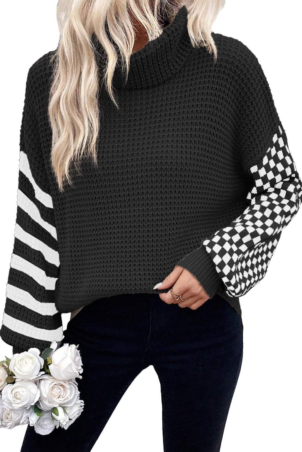 Smoke Gray Striped Plaid Patchwork Waffle Knit Turtleneck Sweater - dellidu.com - Sweaters - 101562032142 - Black - Smoke Gray Striped Plaid Patchwork Waffle Knit Turtleneck Sweater - S - Smoke Gray Striped Plaid Patchwork Waffle Knit Turtleneck Sweater - SW2725427 - P2 - S - Shewin