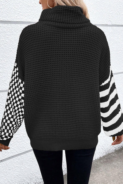 Smoke Gray Striped Plaid Patchwork Waffle Knit Turtleneck Sweater - dellidu.com - Sweaters - 101562032142 - Black - Smoke Gray Striped Plaid Patchwork Waffle Knit Turtleneck Sweater - S - Smoke Gray Striped Plaid Patchwork Waffle Knit Turtleneck Sweater - SW2725427 - P2 - S - Shewin