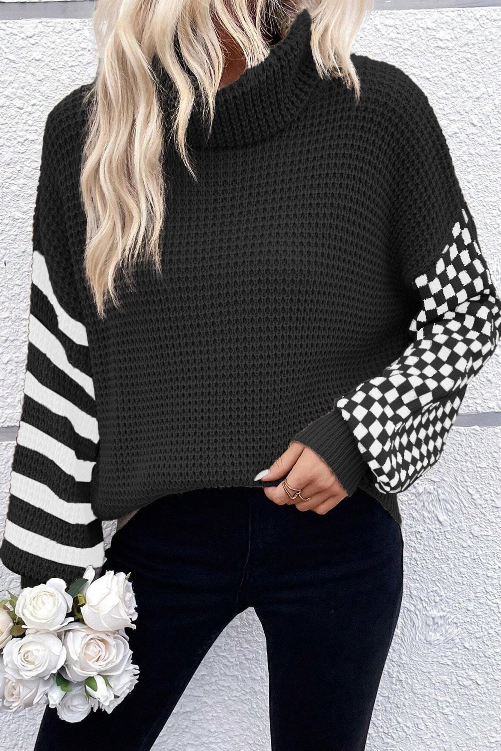 Smoke Gray Striped Plaid Patchwork Waffle Knit Turtleneck Sweater - dellidu.com - Sweaters - 101562032142 - Black - Smoke Gray Striped Plaid Patchwork Waffle Knit Turtleneck Sweater - S - Smoke Gray Striped Plaid Patchwork Waffle Knit Turtleneck Sweater - SW2725427 - P2 - S - Shewin