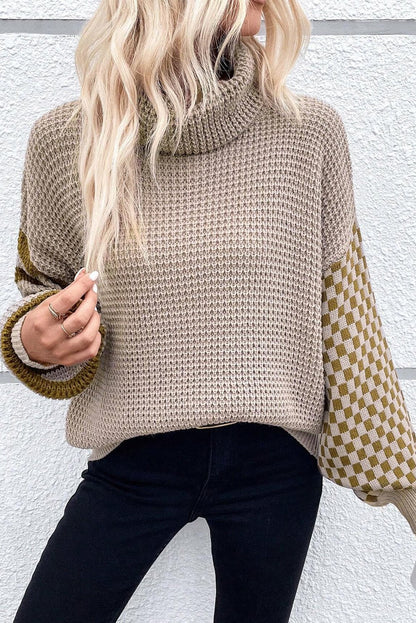 Smoke Gray Striped Plaid Patchwork Waffle Knit Turtleneck Sweater - dellidu.com - Sweaters - 707487076408 - Smoke Gray - Smoke Gray Striped Plaid Patchwork Waffle Knit Turtleneck Sweater - S - Smoke Gray Striped Plaid Patchwork Waffle Knit Turtleneck Sweater - SW2725427 - P7016 - S - Shewin