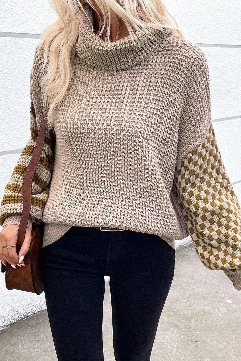 Smoke Gray Striped Plaid Patchwork Waffle Knit Turtleneck Sweater - dellidu.com - Sweaters - 707487076408 - Smoke Gray - Smoke Gray Striped Plaid Patchwork Waffle Knit Turtleneck Sweater - S - Smoke Gray Striped Plaid Patchwork Waffle Knit Turtleneck Sweater - SW2725427 - P7016 - S - Shewin