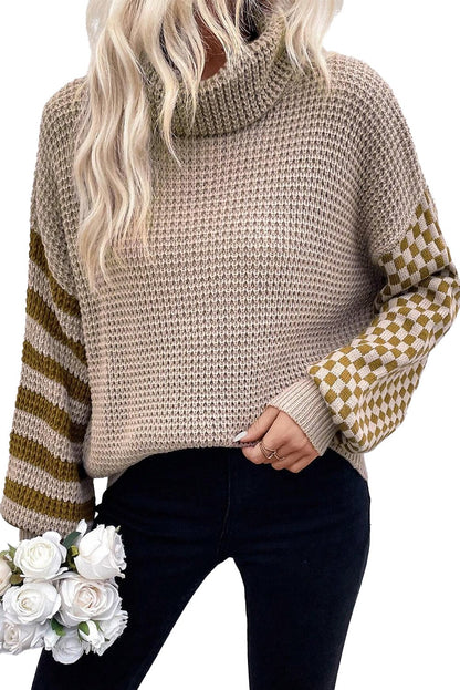 Smoke Gray Striped Plaid Patchwork Waffle Knit Turtleneck Sweater - dellidu.com - Sweaters - 707487076408 - Smoke Gray - Smoke Gray Striped Plaid Patchwork Waffle Knit Turtleneck Sweater - S - Smoke Gray Striped Plaid Patchwork Waffle Knit Turtleneck Sweater - SW2725427 - P7016 - S - Shewin