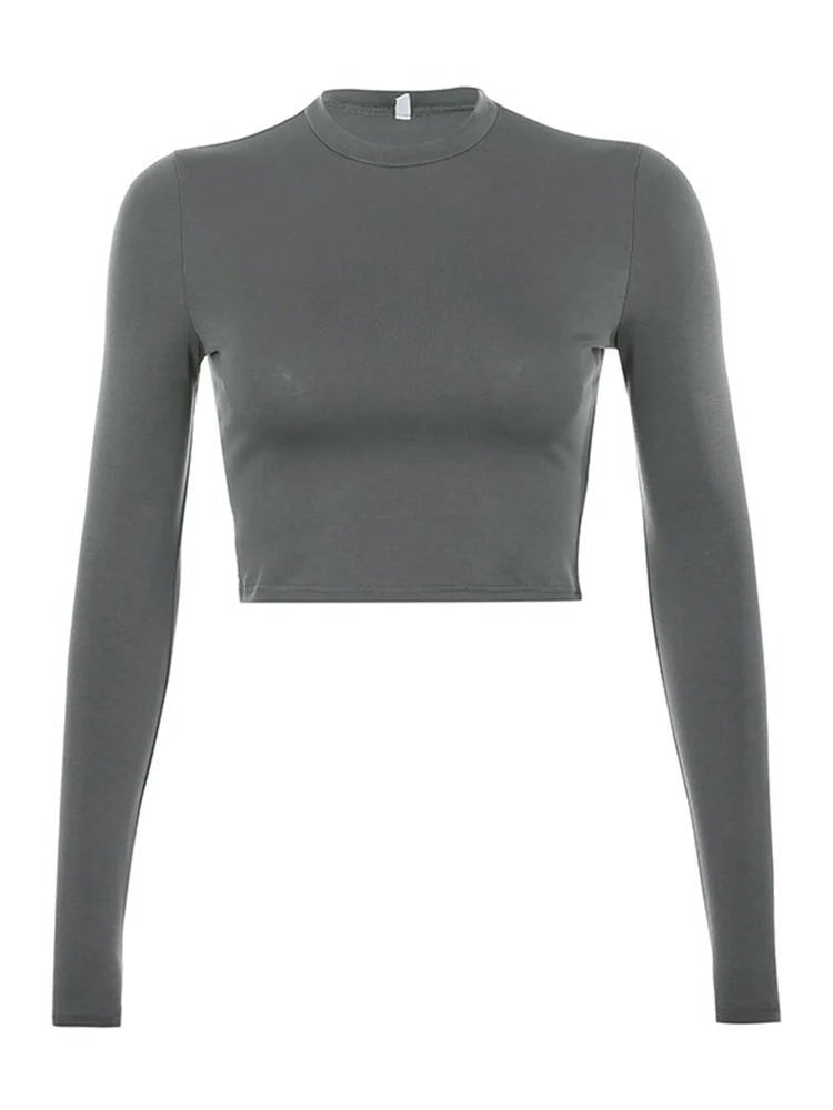 Solid Basic Long Sleeve Women's Casual Crop Top T-Shirt - dellidu.com - GRAY - Solid Basic Long Sleeve Women's Casual Crop Top T-Shirt - M - Solid Basic Long Sleeve Women's Casual Crop Top T-Shirt - 14:691;5:361386 - dellidu.com