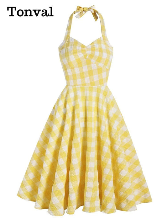 Tonval Women's Summer Backless Party Dress - Yellow Plaid - dellidu.com - Yellow - Tonval Women's Summer Backless Party Dress - Yellow Plaid - L - Tonval Women's Summer Backless Party Dress - Yellow Plaid - 14:366;5:361385 - dellidu.com