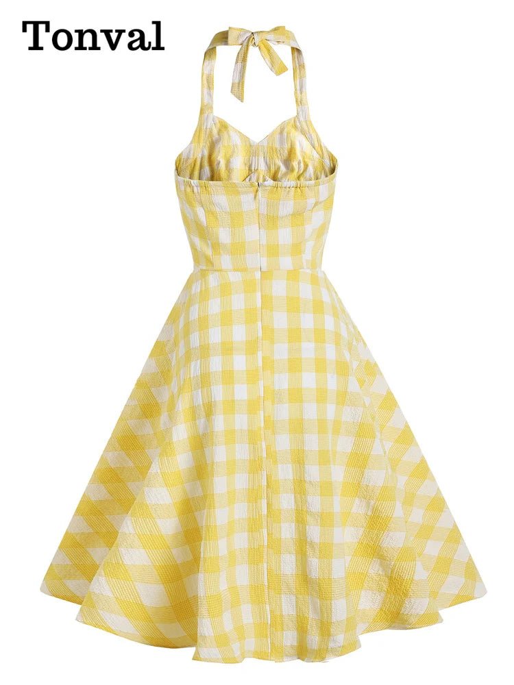 Tonval Women's Summer Backless Party Dress - Yellow Plaid - dellidu.com - Yellow - Tonval Women's Summer Backless Party Dress - Yellow Plaid - L - Tonval Women's Summer Backless Party Dress - Yellow Plaid - 14:366;5:361385 - dellidu.com