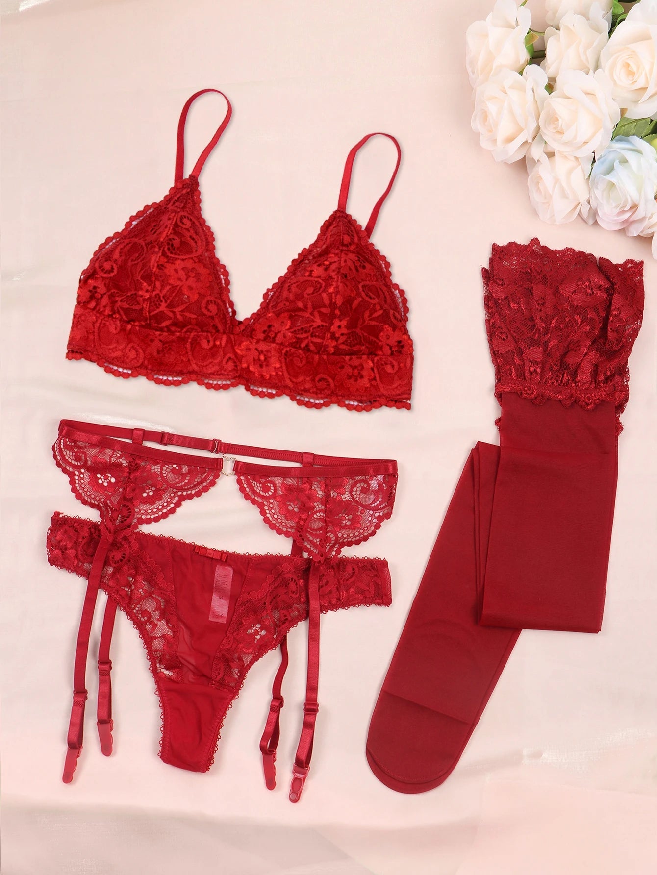 Varsbaby Women's Lace Bra Set with Panty and Garter - dellidu.com - Red - Varsbaby Women's Lace Bra Set with Panty and Garter - S - Varsbaby Women's Lace Bra Set with Panty and Garter - 14:202997806#Red;289:200000361#S - dellidu.com