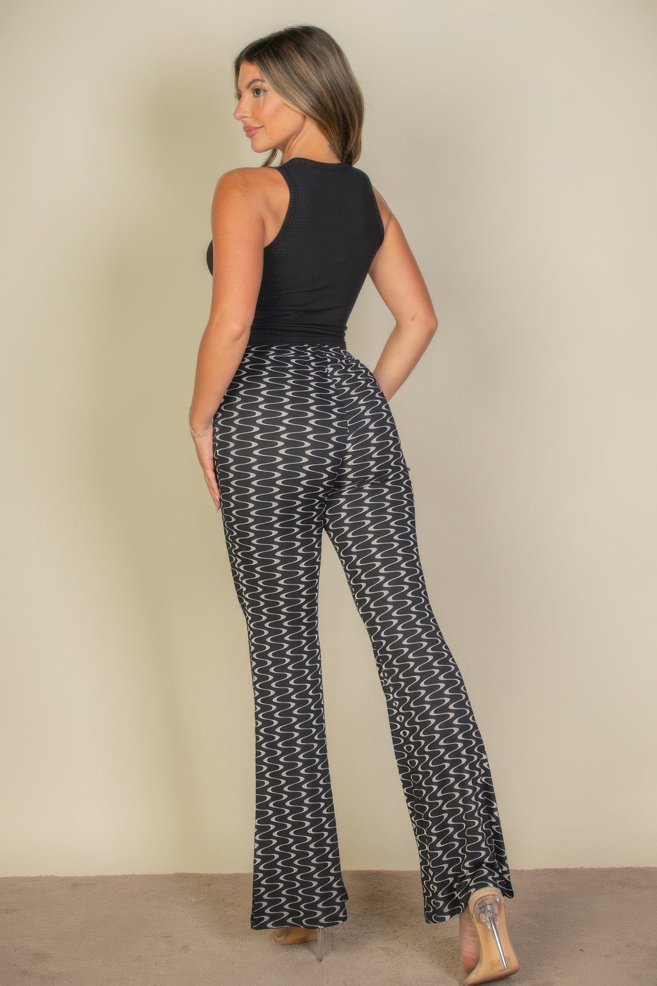 Wavy Print High Waist Flare Pants - dellidu.com - Print 313 black - product image - S - product image - wh2000633.S.Print.313.Black - dellidu.com