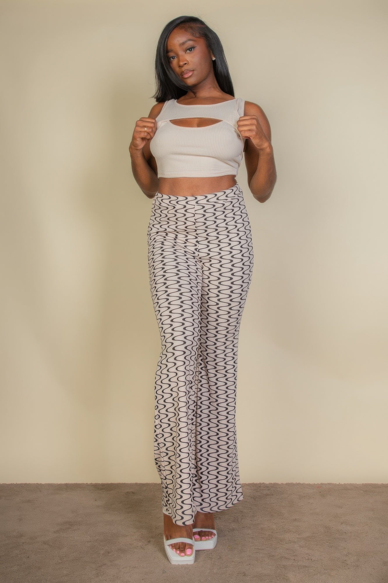 Wavy Print High Waist Flare Pants - dellidu.com - Print 313 stone - product image - S - product image - wh2000633.S.Print.313.Stone - dellidu.com