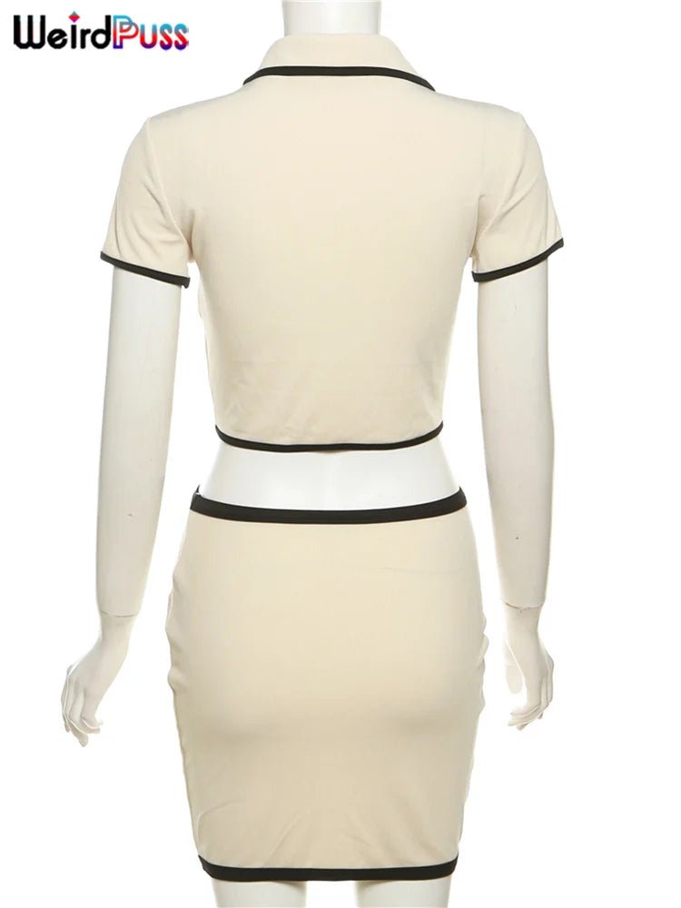 Weird Puss Ribbed 2 Piece Women's Set - Polo Neck & Mini Skirt - dellidu.com - Khaki - Weird Puss Ribbed 2 Piece Women's Set - Polo Neck & Mini Skirt - M - Weird Puss Ribbed 2 Piece Women's Set - Polo Neck & Mini Skirt - 14:200001438;5:361386 - dellidu.com