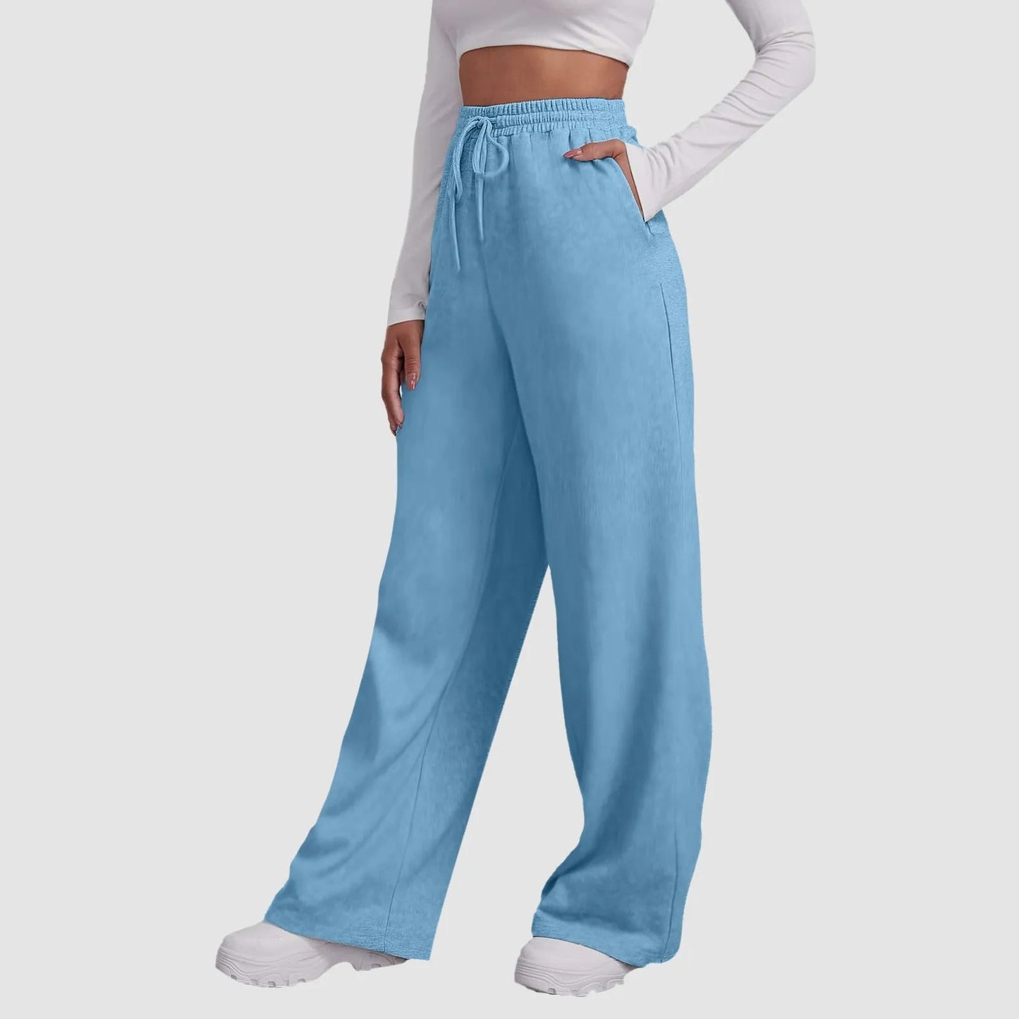 Wide Leg Casual Pants for Women - High Waist Drawstring Trousers - dellidu.com - Light Blue - c - Wide Leg Casual Pants for Women - High Waist Drawstring Trousers - S - Wide Leg Casual Pants for Women - High Waist Drawstring Trousers - 14:201448940#Light Blue - c;5:100014064 - dellidu.com