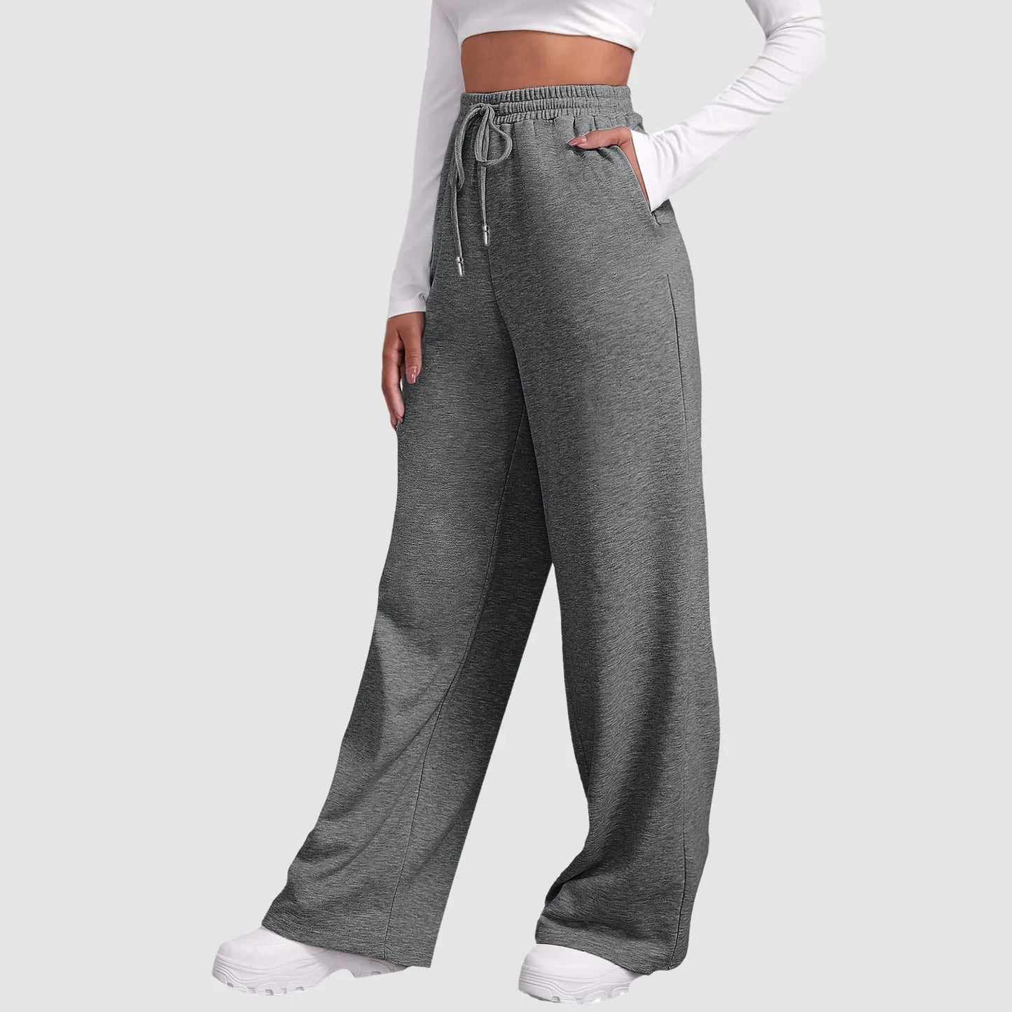 Wide Leg Casual Pants for Women - High Waist Drawstring Trousers - dellidu.com - Grey - a - Wide Leg Casual Pants for Women - High Waist Drawstring Trousers - L - Wide Leg Casual Pants for Women - High Waist Drawstring Trousers - 14:1052#Grey - a;5:361385 - dellidu.com