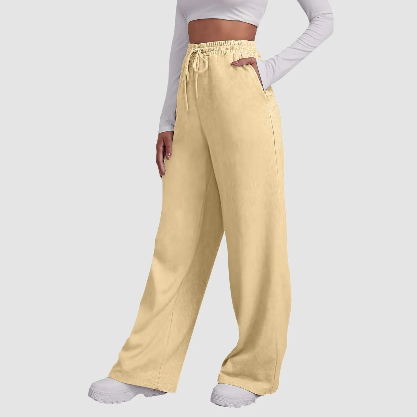 Wide Leg Casual Pants for Women - High Waist Drawstring Trousers - dellidu.com - Khaki - c - Wide Leg Casual Pants for Women - High Waist Drawstring Trousers - XXL - Wide Leg Casual Pants for Women - High Waist Drawstring Trousers - 14:200002130#Khaki - c;5:4182 - dellidu.com