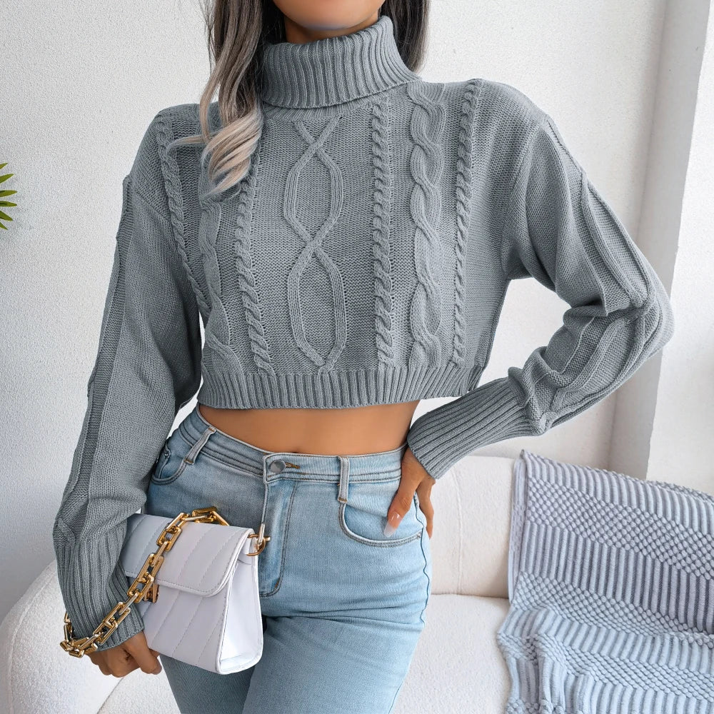 Women’s Casual Knitted Turtleneck Sweater - Long Sleeve Crop Top - dellidu.com - GRAY - Women’s Casual Knitted Turtleneck Sweater - Long Sleeve Crop Top - L - Women’s Casual Knitted Turtleneck Sweater - Long Sleeve Crop Top - 14:691;5:361385 - dellidu.com