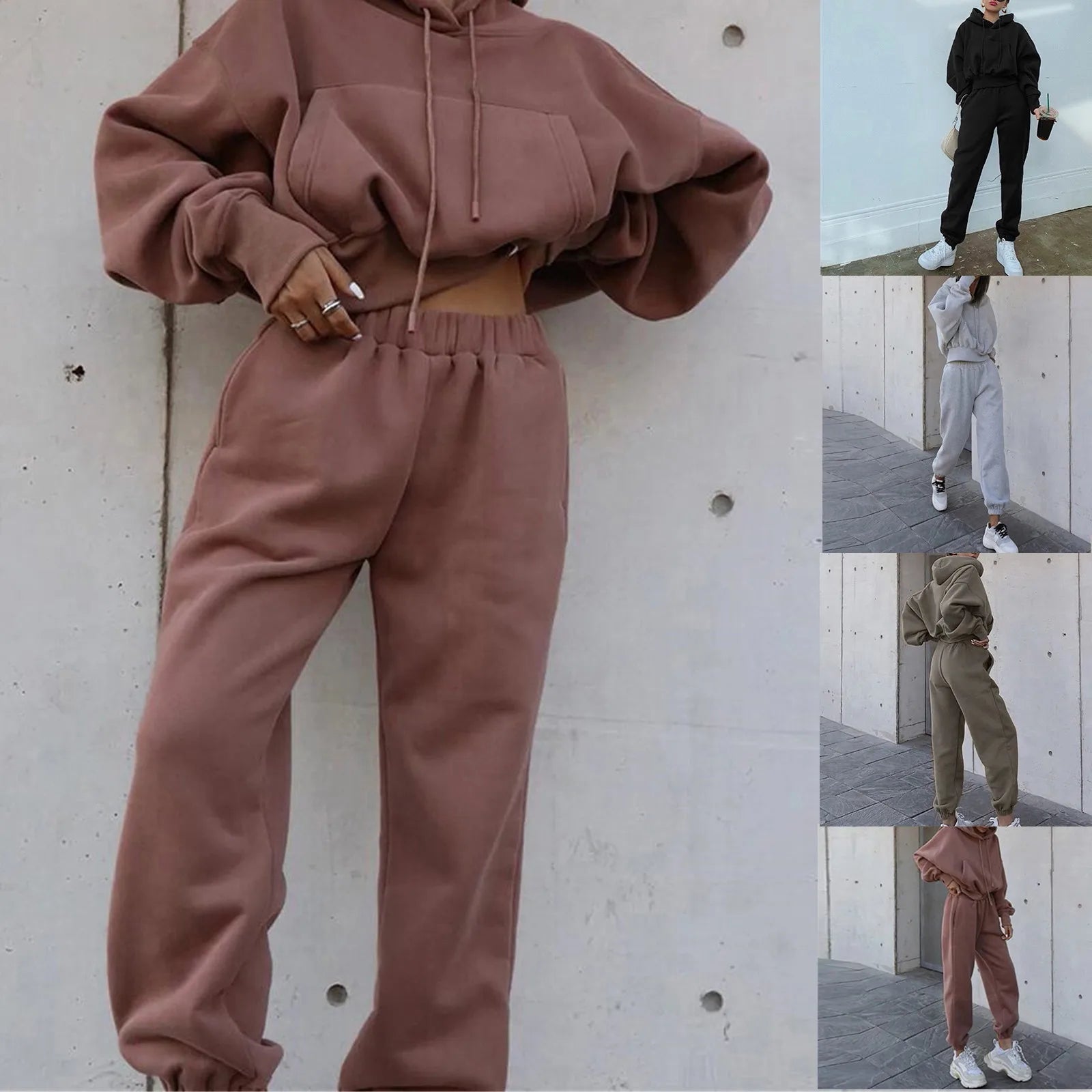 Women's Casual Solid Color Hoodie & Trousers Sports Suit - dellidu.com - Khaki - Women's Casual Solid Color Hoodie & Trousers Sports Suit - S - Women's Casual Solid Color Hoodie & Trousers Sports Suit - 14:200001438#Khaki;5:100014064 - dellidu.com