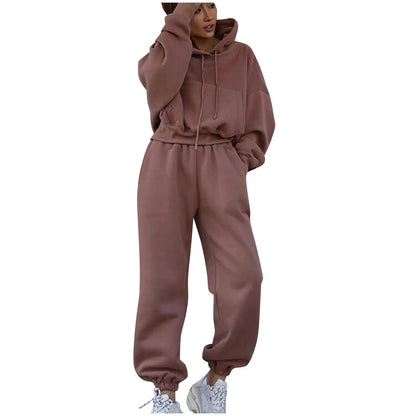 Women's Casual Solid Color Hoodie & Trousers Sports Suit - dellidu.com - Khaki - Women's Casual Solid Color Hoodie & Trousers Sports Suit - S - Women's Casual Solid Color Hoodie & Trousers Sports Suit - 14:200001438#Khaki;5:100014064 - dellidu.com